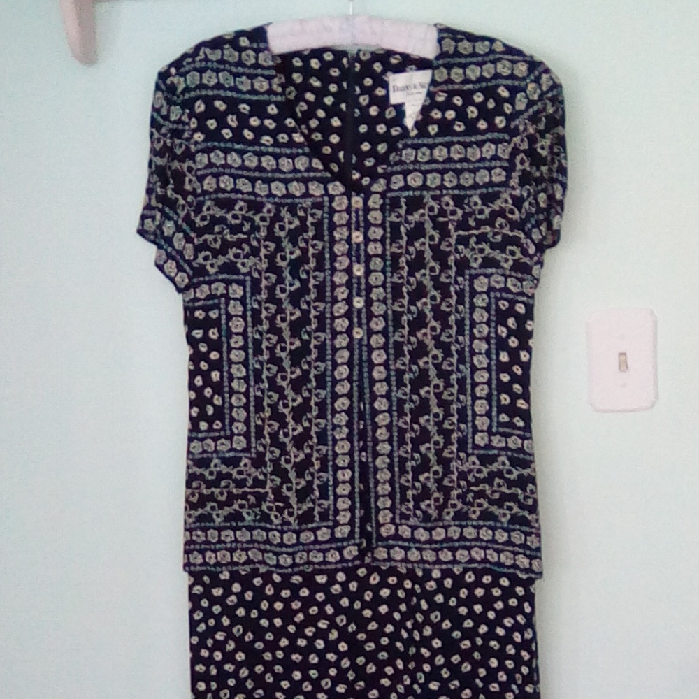 Navy Blue with Beige Flowers Vintage Dress